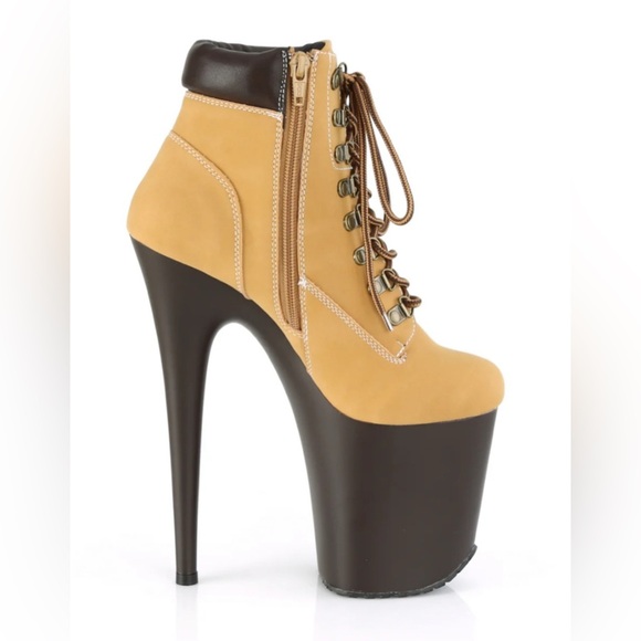 🦋B2G1🦋PLEASER 8” Tan Nubuck Faux Leather Brown Lace Up Platform Stiletto Boots - Picture 3 of 7